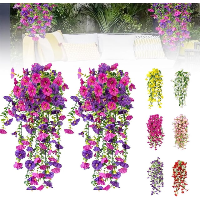 Flores Artificiales para Exteriores, Falsa Glorieta de la Mañana Flor Colgante Decorativa, 2 Piezas Plantas Falsos Realistas Petunias Vides Trepadoras, Decoración para Porche, Patio