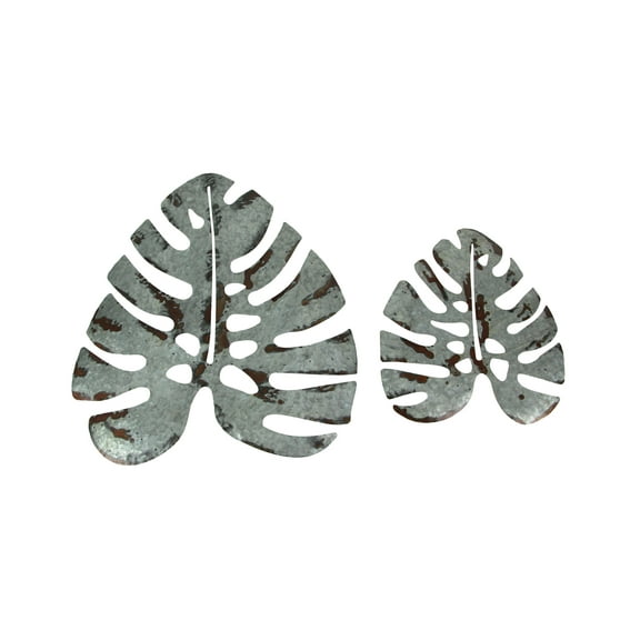 Zeckos Galvanized Metal Monstera Leaf Wall Hanging Home Decor Set of 2