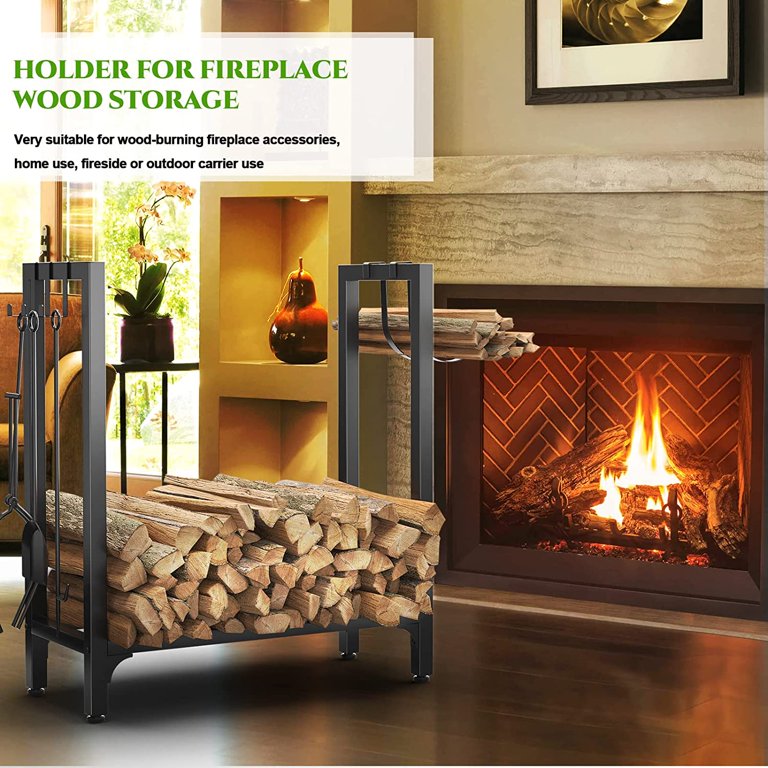 Firewood Rack Holder, 24 Inch Fire Wood Log Stand with Kindling Rack for  Indoor Fireplace Wood Storage, Heavy Duty Fire Log Lumber Stacker Stand for  Outdoor Patio, Black - Walmart.com
