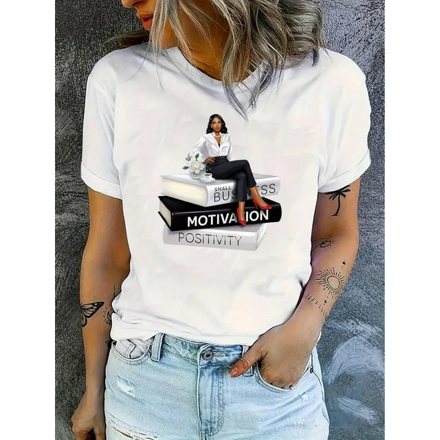 T-shirt à Manches Courtes Col Rond Imprimé Beauté & Livres, Haut d'Été Décontracté à Manches Courtes Col Rond, Vêtements pour Femmes Fête des Pères, Fête des Mères, Nouvel An, Festival de Printemps, Saint-Valentin, Inde