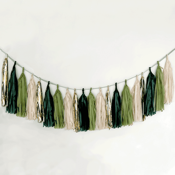 20Pcs Green, Beige & Metallic Gold Tissue Paper Tassel Garland - Neutral Boho Hanging Tassel Decor for Wedding, Bridal Shower, Birthday & Rustic Party
