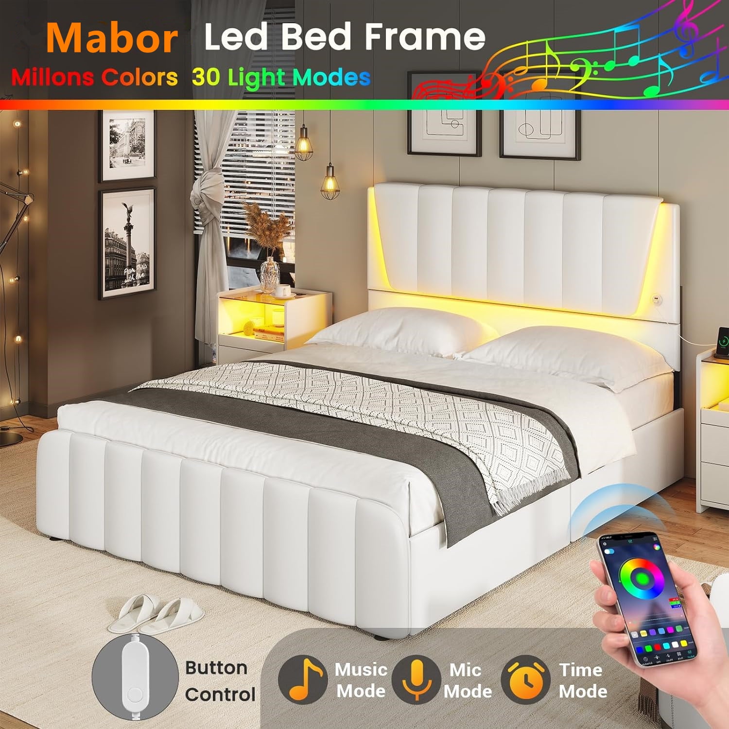 LED Bed Frame Queen Size Upholstered Platform Bed Frame with LED Lights and Headboard and 4 Storage Drawers, 2 USB Ports, No Box Spring Needed, Black