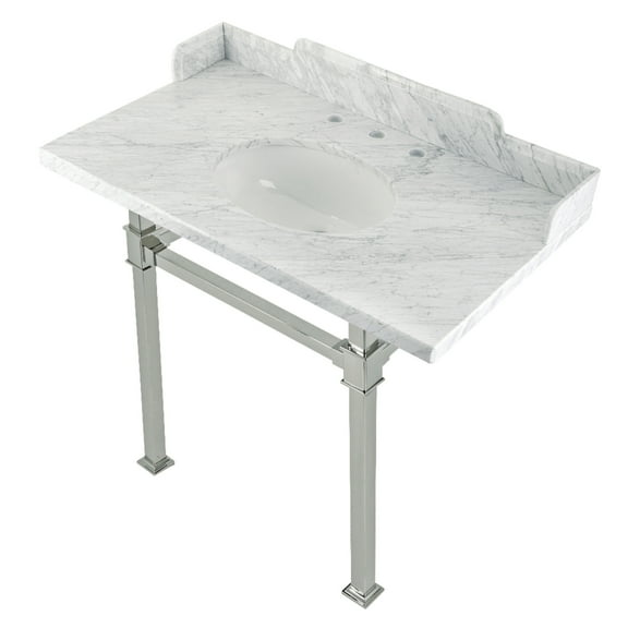 Kingston Brass LMS36MOQ6 Viceroy 36" Carrara Marble Console Sink with Stainless Steel Legs (8-Inch, 3-Hole), Carrara Marble White/Polished Nickel