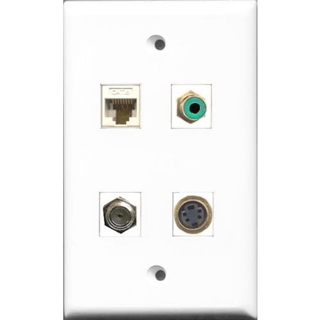 RiteAV 1 Port RCA Green and 1 Port Coax Cable TV- F-Type and 1 Port S-Video and 1 Port Cat6 Ethernet White Wall Plate