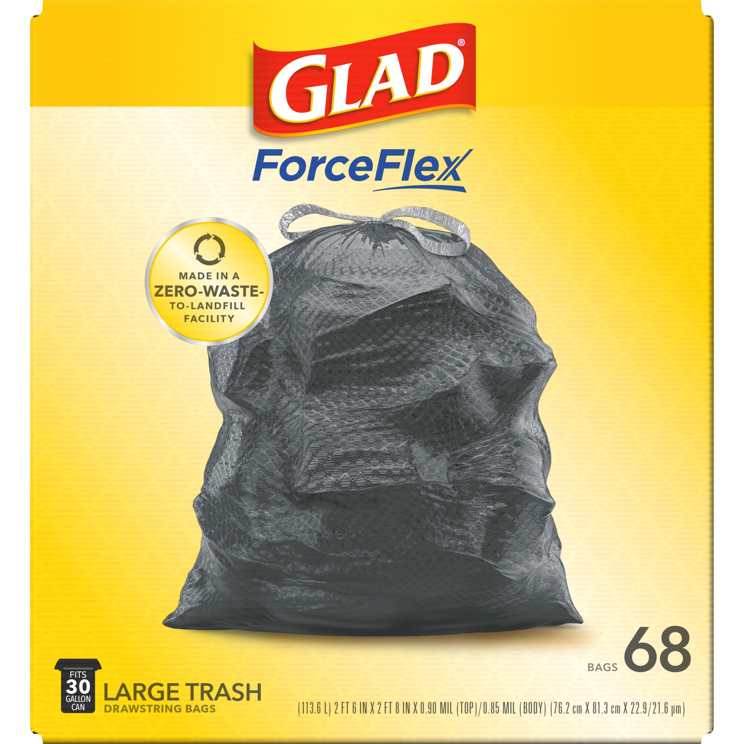 Glad Large Drawstring Trash Bags ForceFlexPlus 30 Gallon Black