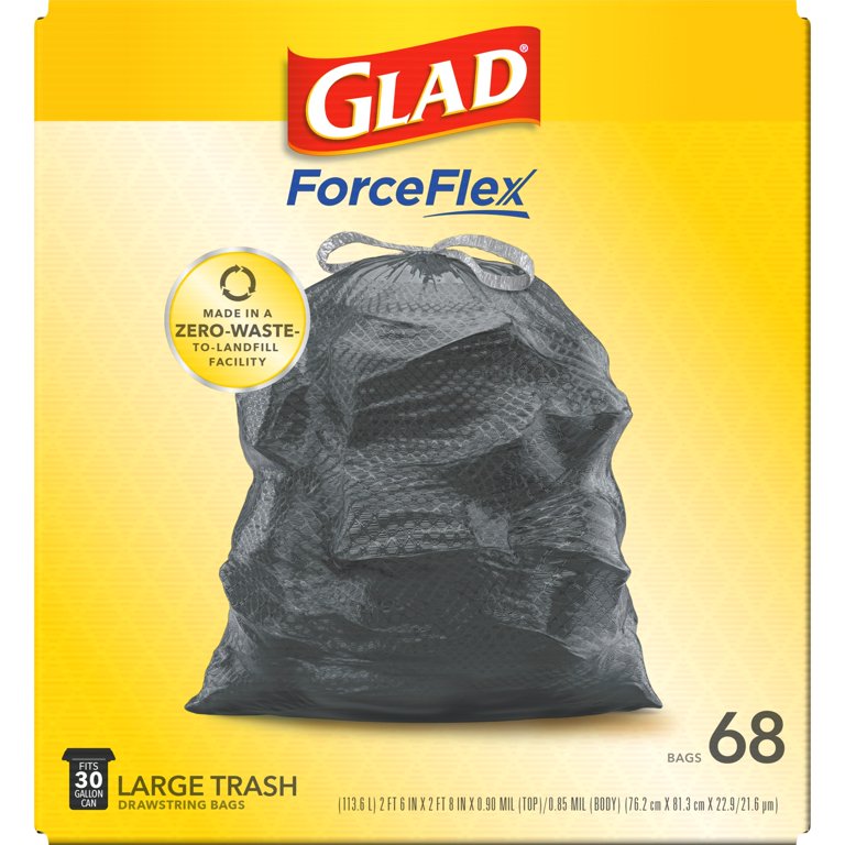 Glad 78966 30 Gallon Drawstring Black Trash Bags, 1.05 Mil, 30 x 33 90 /  Case