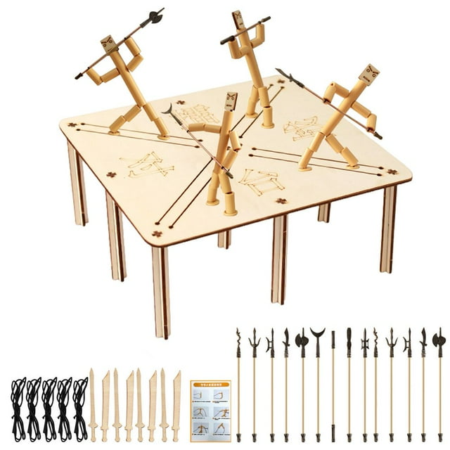 LEEYNEER 1 Set Bamboo Man Battle Toy with Weapon Accessory Rope Controlled Wooden Man 2-4 Players PK Action Figure Fighter Board Game Kids Adults Gift