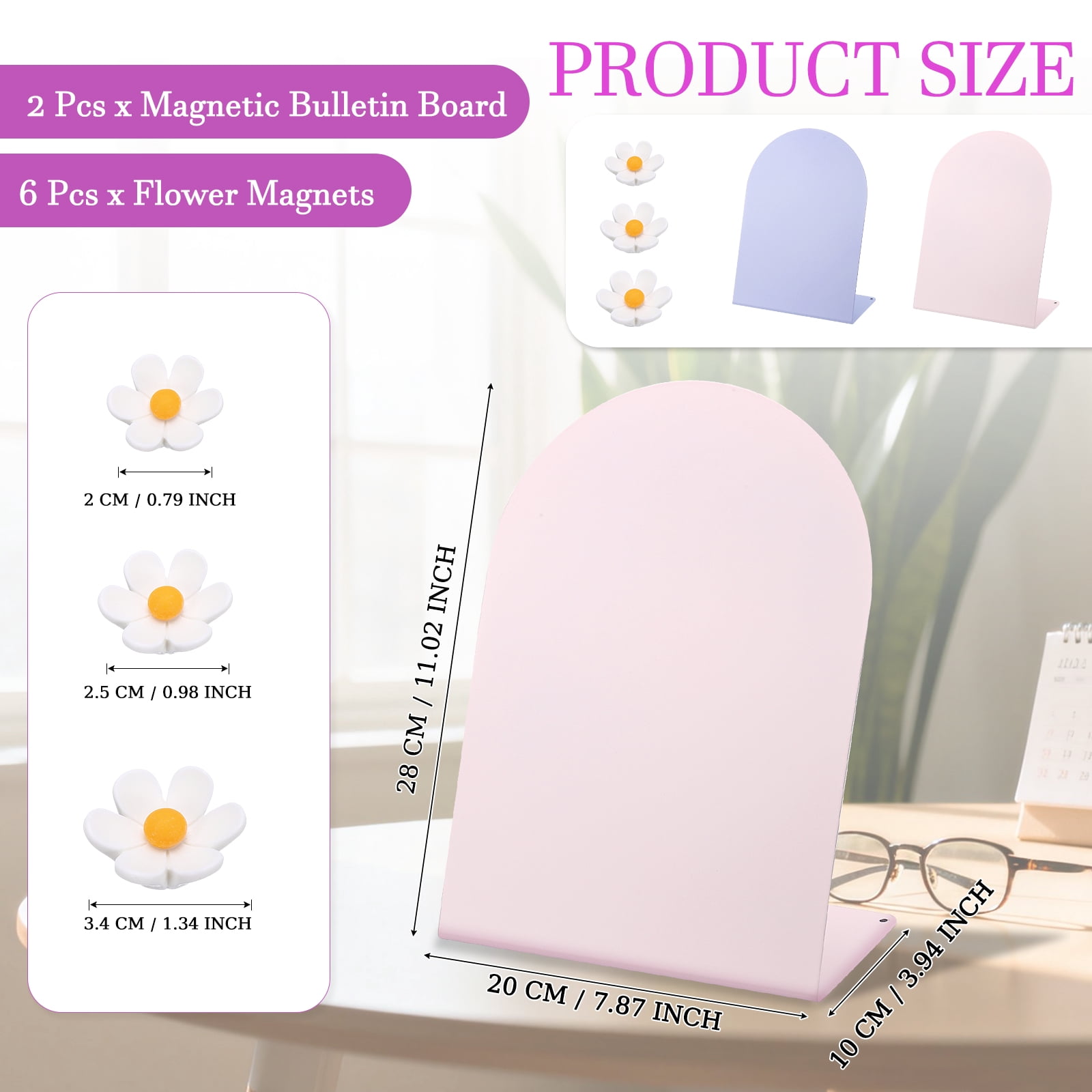 Uxcell 2 Pcs Magnetic Bulletin Board, Memo Magnet Display Stand Board with 6 Flower Magnets for Home Office Kitchen, Pink/Purple/White