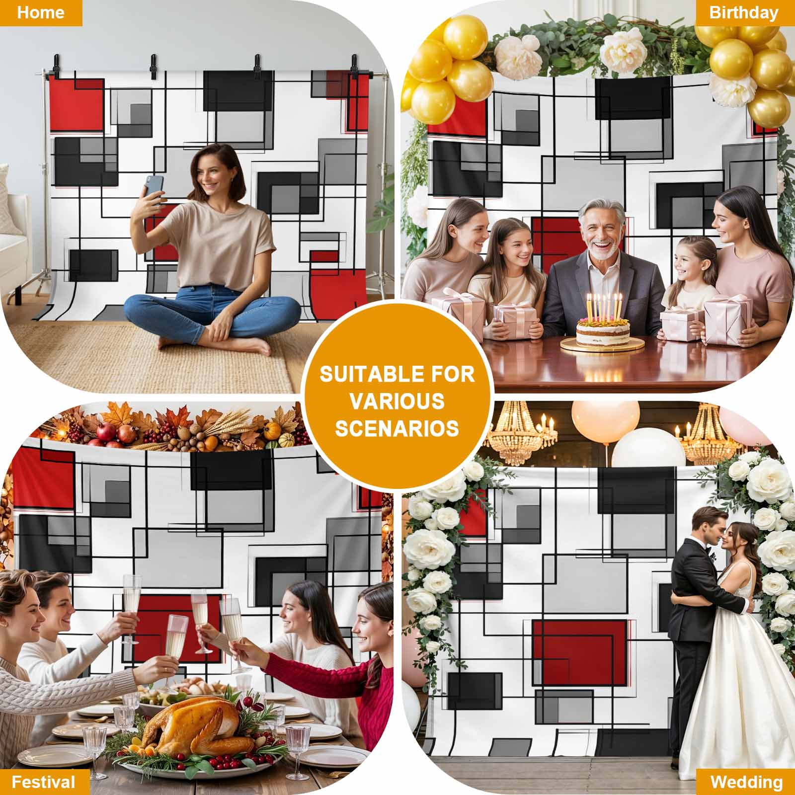 Space Design Sense Backdrop for Photography, Abstract Black Line Red Suqare Stitching Photo Backdrop Portrait Background Party Banner Photo Backgrounds for Studio Booth Props, 7x5ft