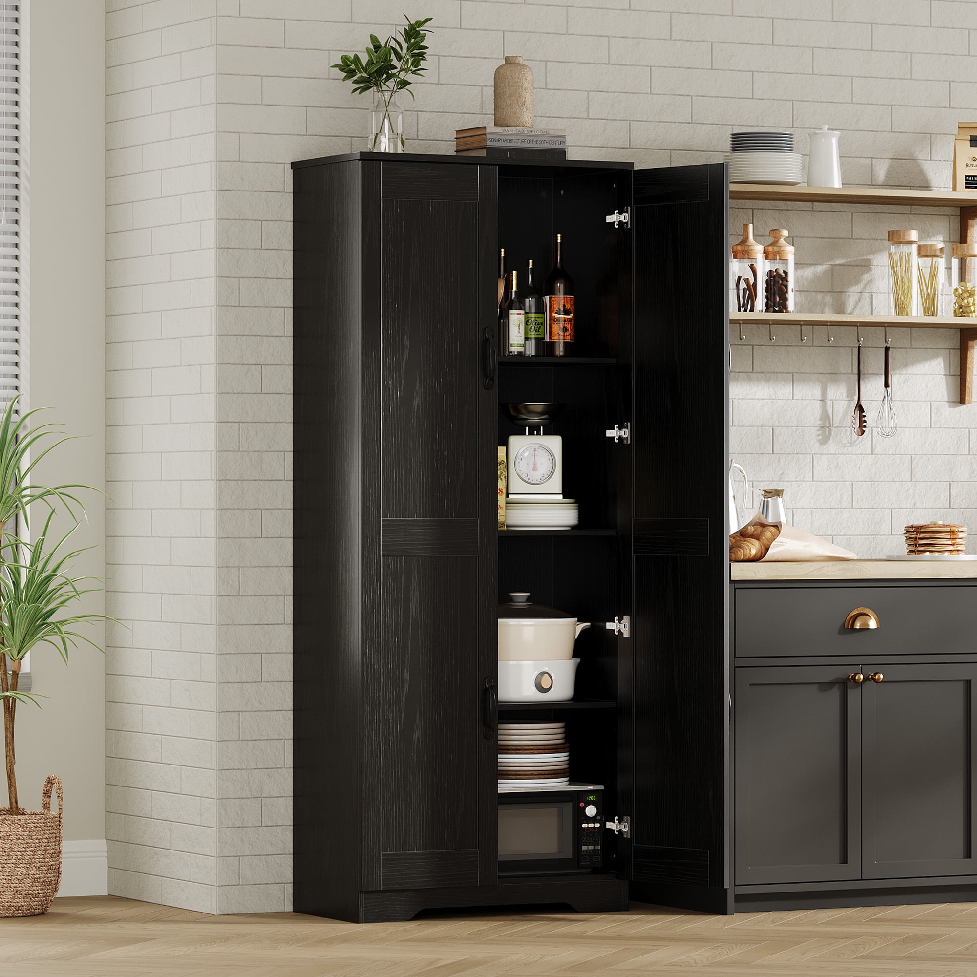 Tall Pantry Cabinet, 60" Kitchen Storage Cabinet with 2 Doors & Adjustable Shelves, Freestanding Wooden Cupboard for Bathroom，Dining Room, Living Room,Black