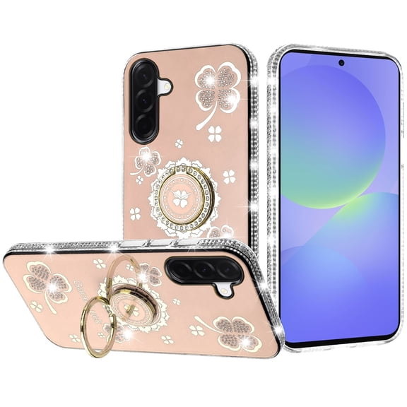 For Samsung Galaxy A37 / A36 Splendid Glitter with Diamonds All Around Edges Ring Stand Case Cover - Gold