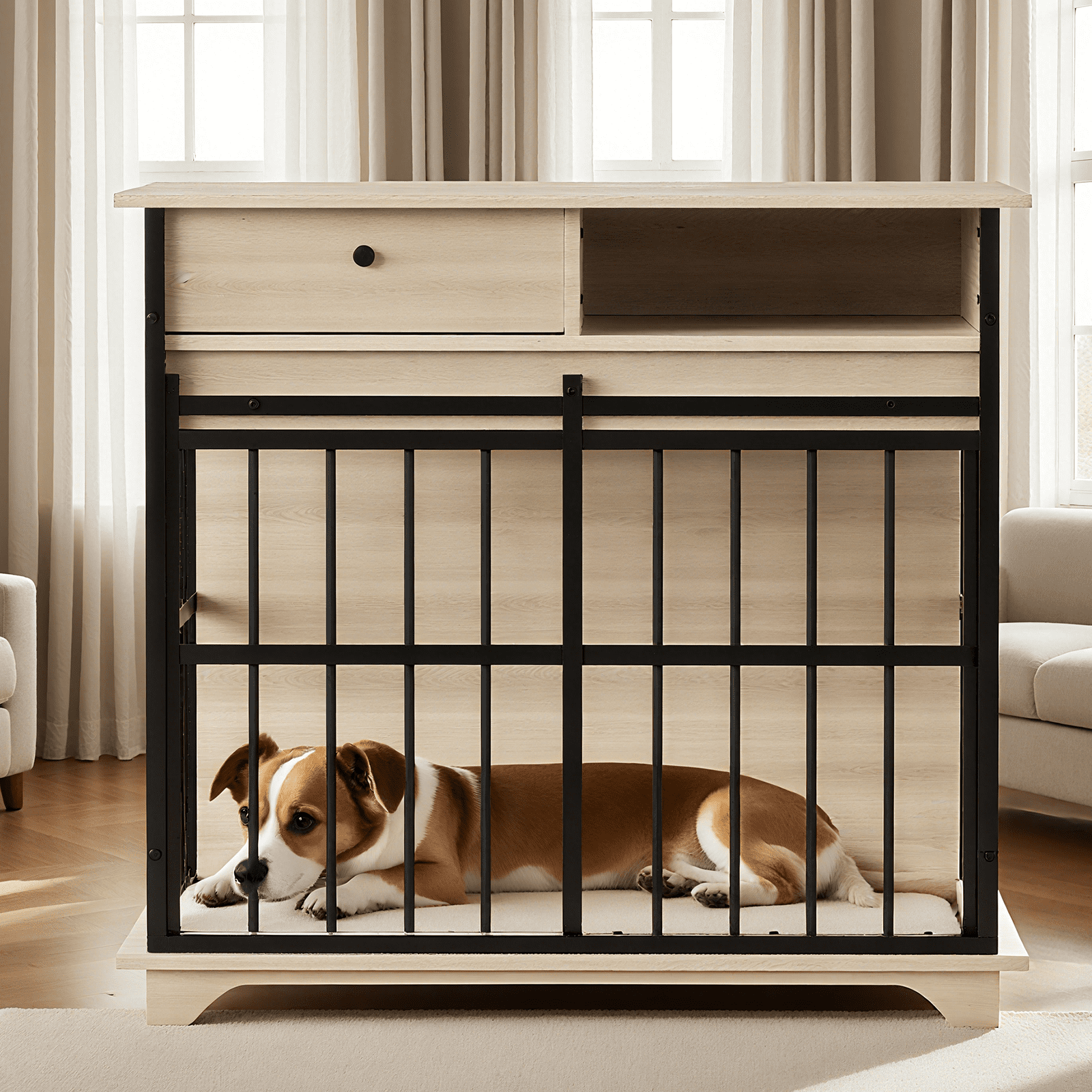 Dog Crate Furniture, Large Dog Cage Wooden Kennel Furniture with Tray for Medium Large Dogs