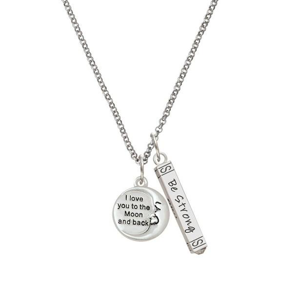 Delight Jewelry Silvertone I Love You to the Moon and Back Silvertone Be Strong and Courageous Bar Charm Necklace, 23"