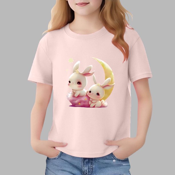 Blusas y camisas de manga corta con cuello redondo para niños Camiseta de verano de manga corta estampada para niñas Jersey elegante de cuello redondo para niños Top de algodón