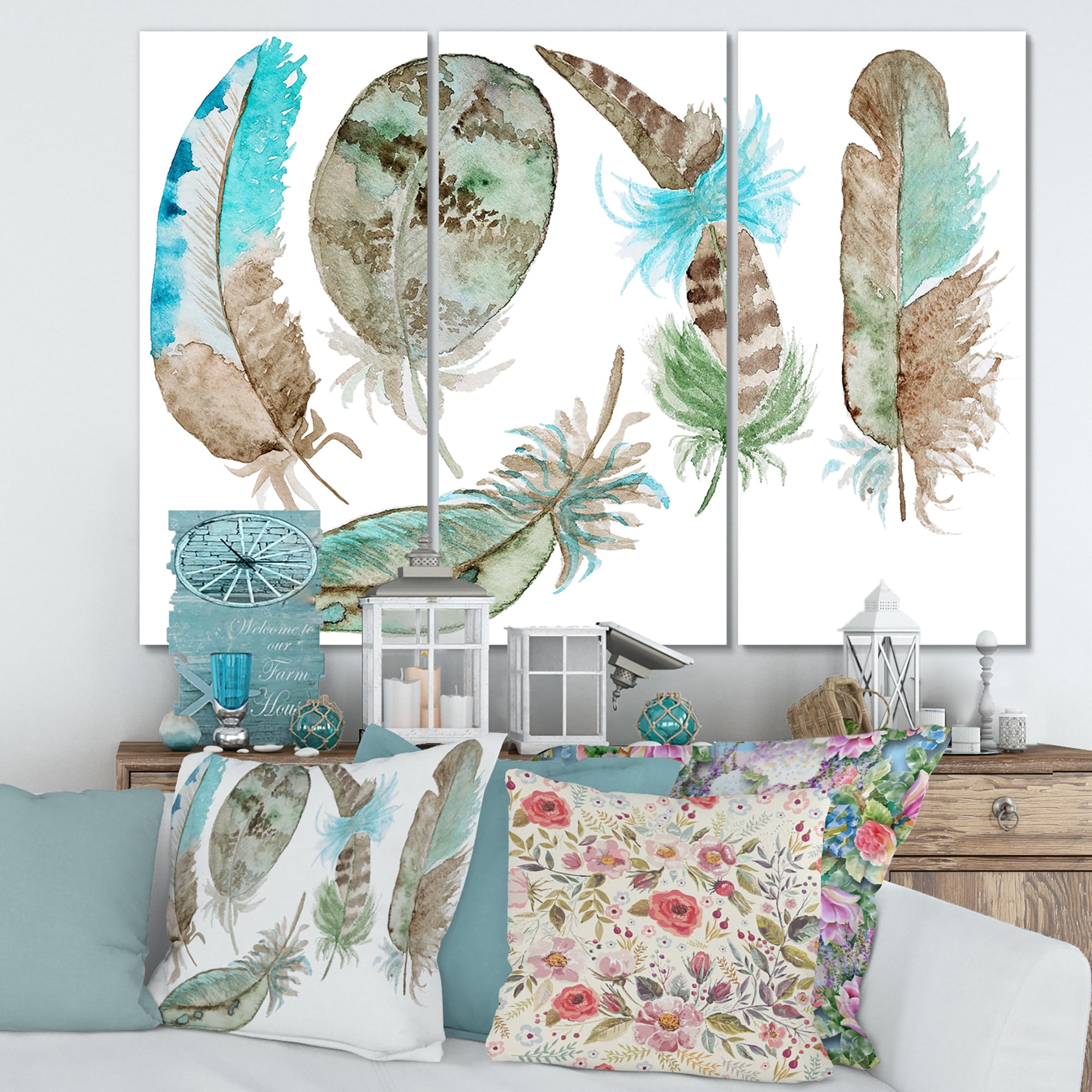 Designart ' Green Feathers Set On White ' Bohemian & Eclectic Canvas Wall Art Print