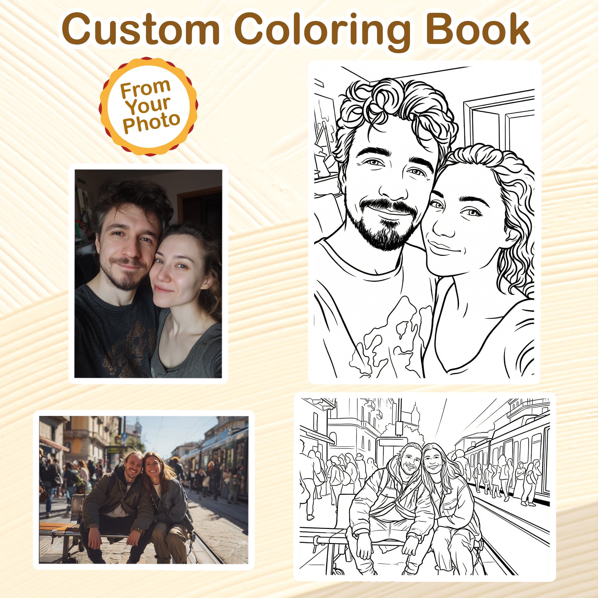 Personalized Couple Memory Coloring Book for Adults – Custom Coloring Pages from Your Photos , 12–48 Pages, Keepsake for Newlyweds, Premium Wooden Cover, Spiral Binding