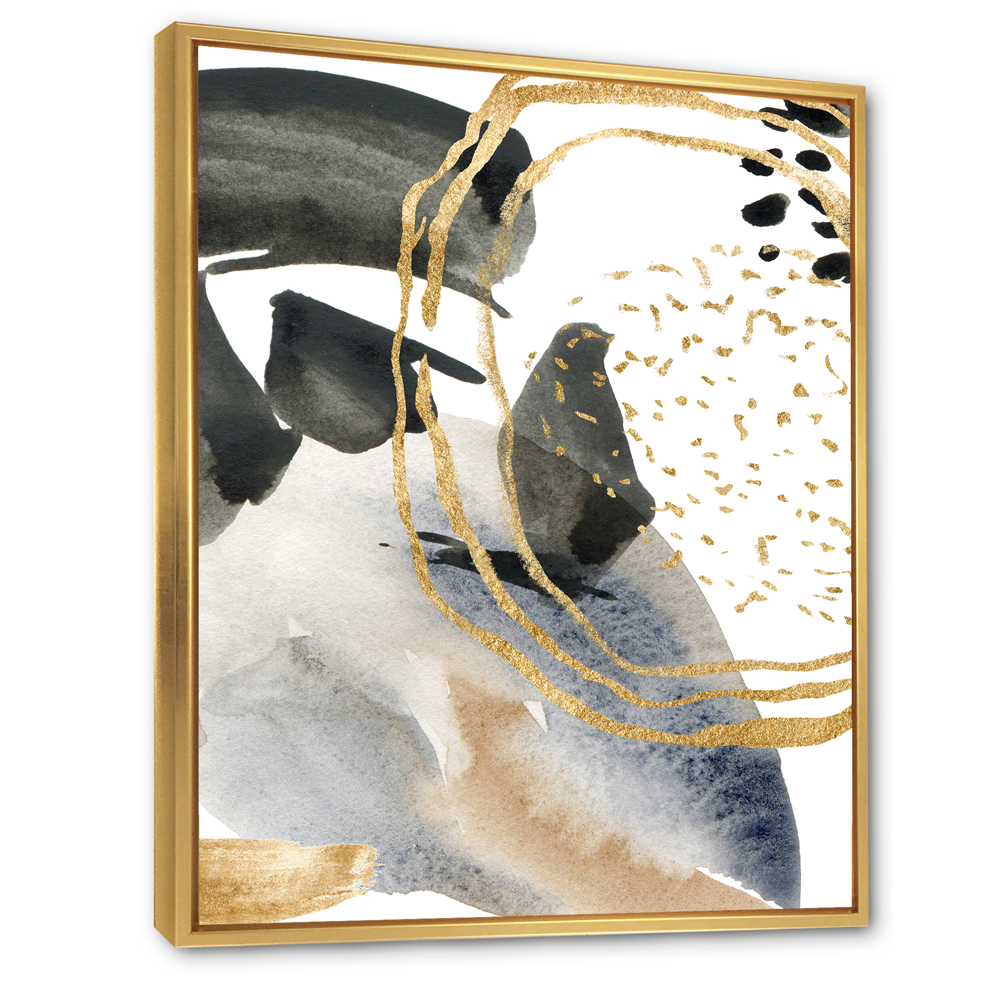 Designart 'Pastel Abstract With Black Blue Beige and Gold Spots' Modern Framed Canvas Wall Art Print