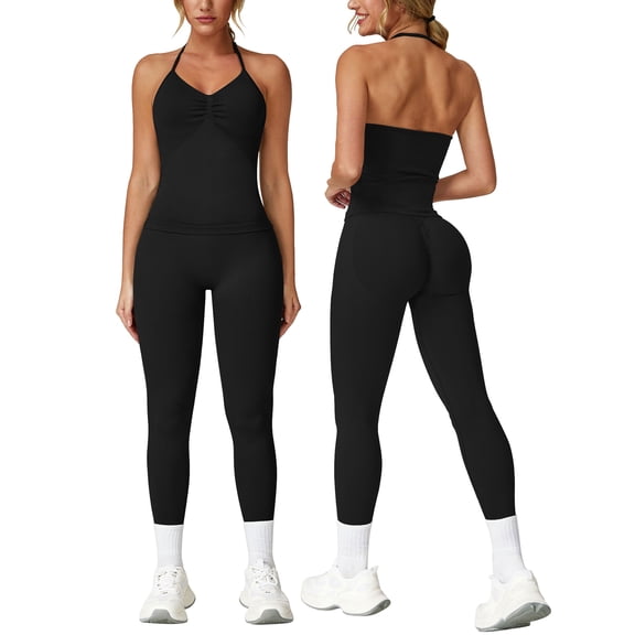 IDOPIP Workout Sets for Women Seamless Scunch Butt Lifting Impact Leggings Longline Strappy Halter Sports Bra Top 2 Piece Gym Active Outfits