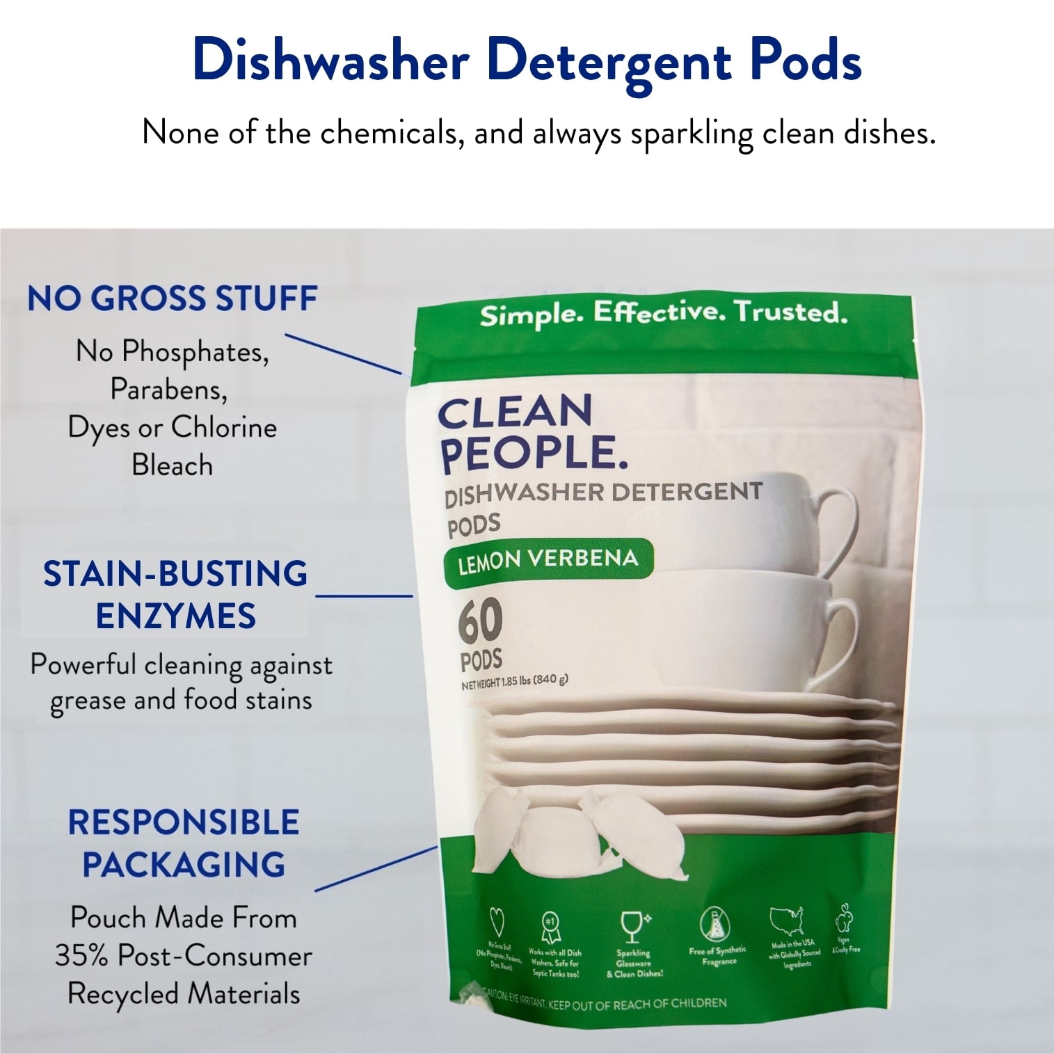 Clean People Dishwasher Detergent Pods - Lemon, 60 Pack - No Residue, Sparkling Clean