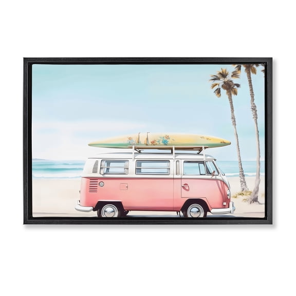 Stupell Industries Pink Bus on Tropical Shores Transportation Painting Black Floater Framed Canvas Art Print Wall Art, 25 x 17
