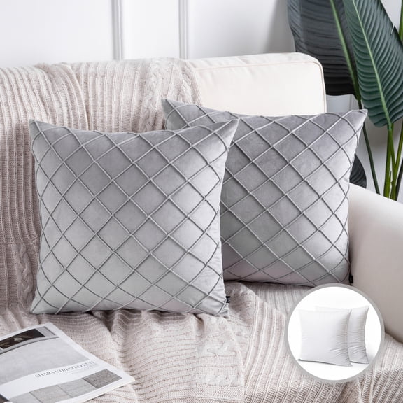 Phantoscope Velvet Pleated Checker Decorative Throw Pillows with Inserts, 18 x 18 Inch, Light Gray, Soft Square Accent Cushions for Sofa Couch Bed, Set of 2