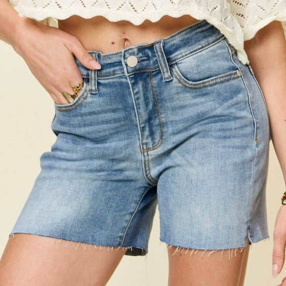 Judy Blue Full Size High Waist Raw Hem Denim Casual Jean Shorts Style #: 15251 - Rosa Apparel