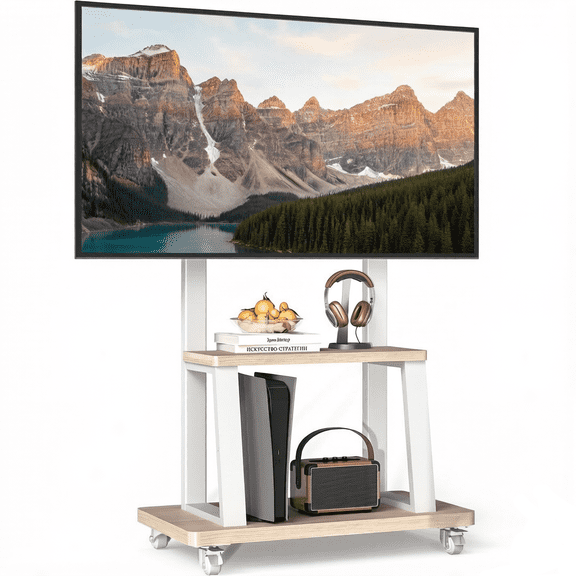 Portable Rolling TV Stand for 32-75 Inch TVs with Wooden Shelf, Mobile TV Cart with Height Adjustment up to 150 lbs, White