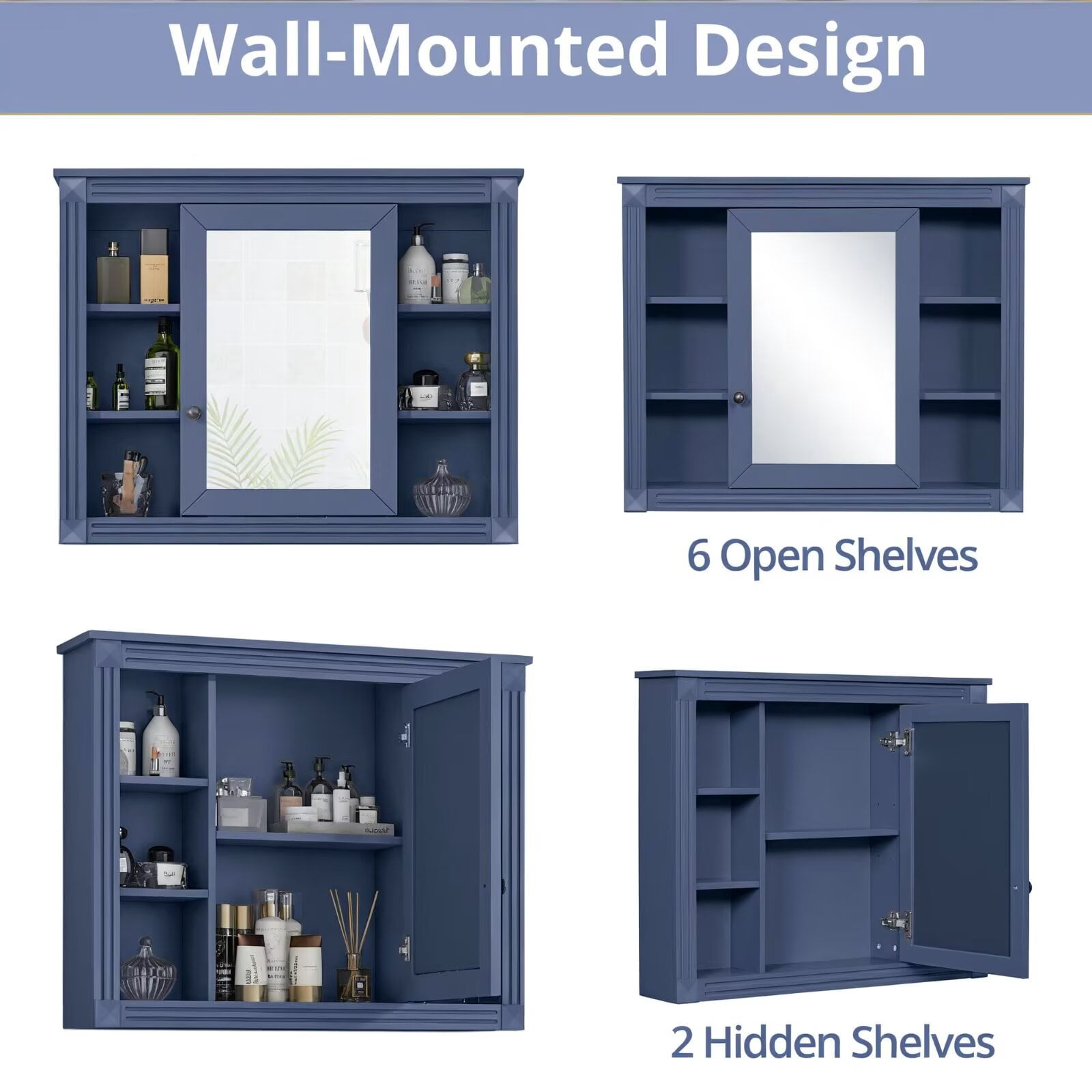 36" Bathroom Vanity with 3 Hole Ceramic Sink and Mirror Cabinet Combo, Wood Freestanding Single Basin Vanity Set with Storage Shelves Drawers Doors, Blue