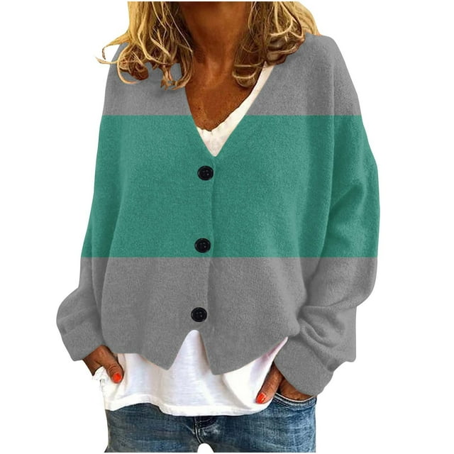 Jgppe Drop Shoulder Cardigan for Women Cute Color Block Long Sleeve Button Front Sweater Tops