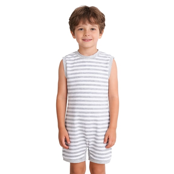 Hansber Adaptive Clothing for Kids Sleeveless Anti-Strip Jumpsuit Striped Short Leg Buttons & Zip-Back Romper Gray 14