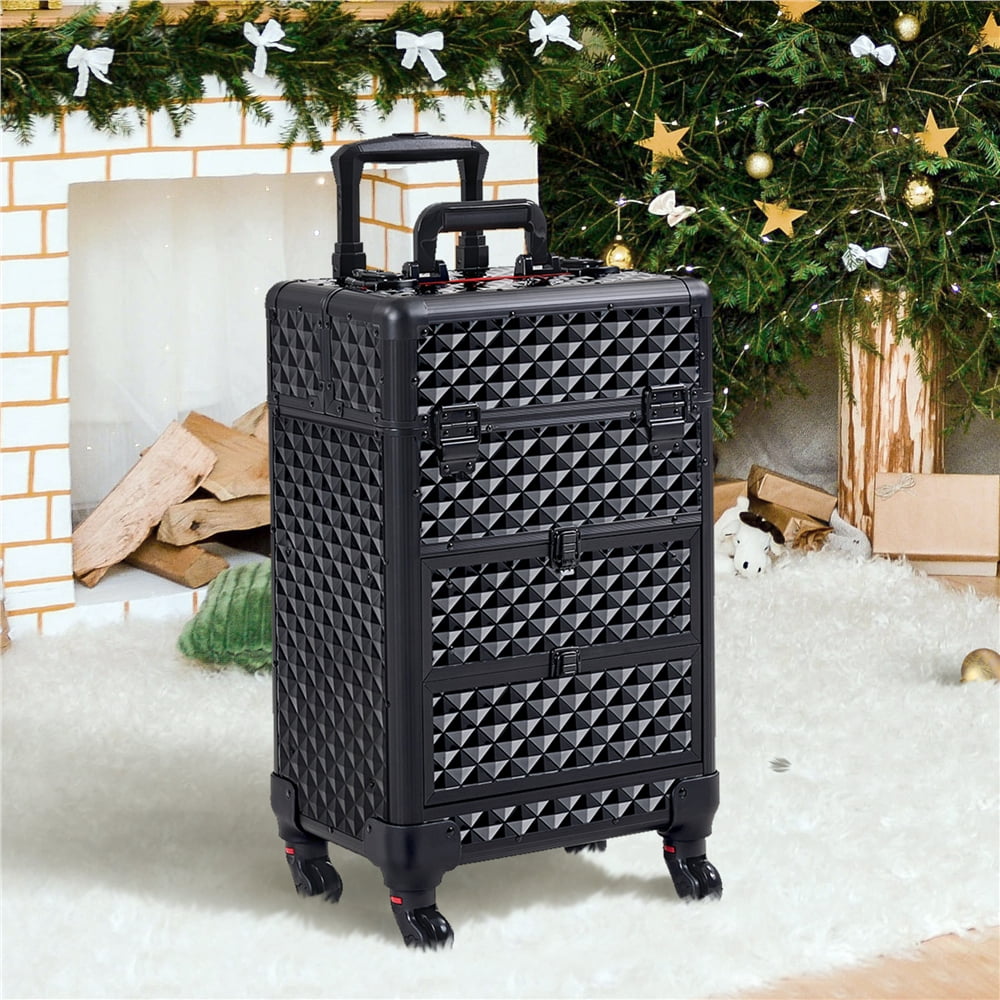 Alden Design Professional Rolling Makeup Train Case Large Locks Cosmetic Trolley Black