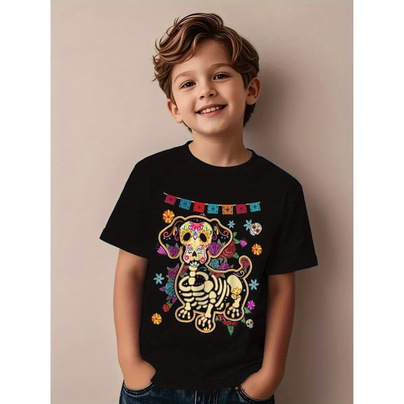 Halloween Boys T-Shirt Colorful Sugar Skull Dog Print 100% Cotton Short Sleeve Tees Gift For Kids