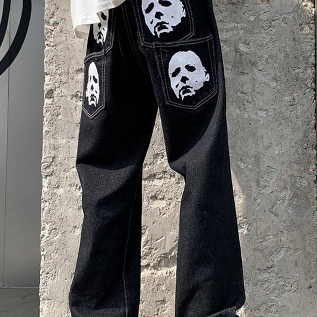 Pantalón de pierna recta para hombre, pierna ancha, estilo hippop, ropa de calle, pantalón holgado, pantalón informal Vintage estampado