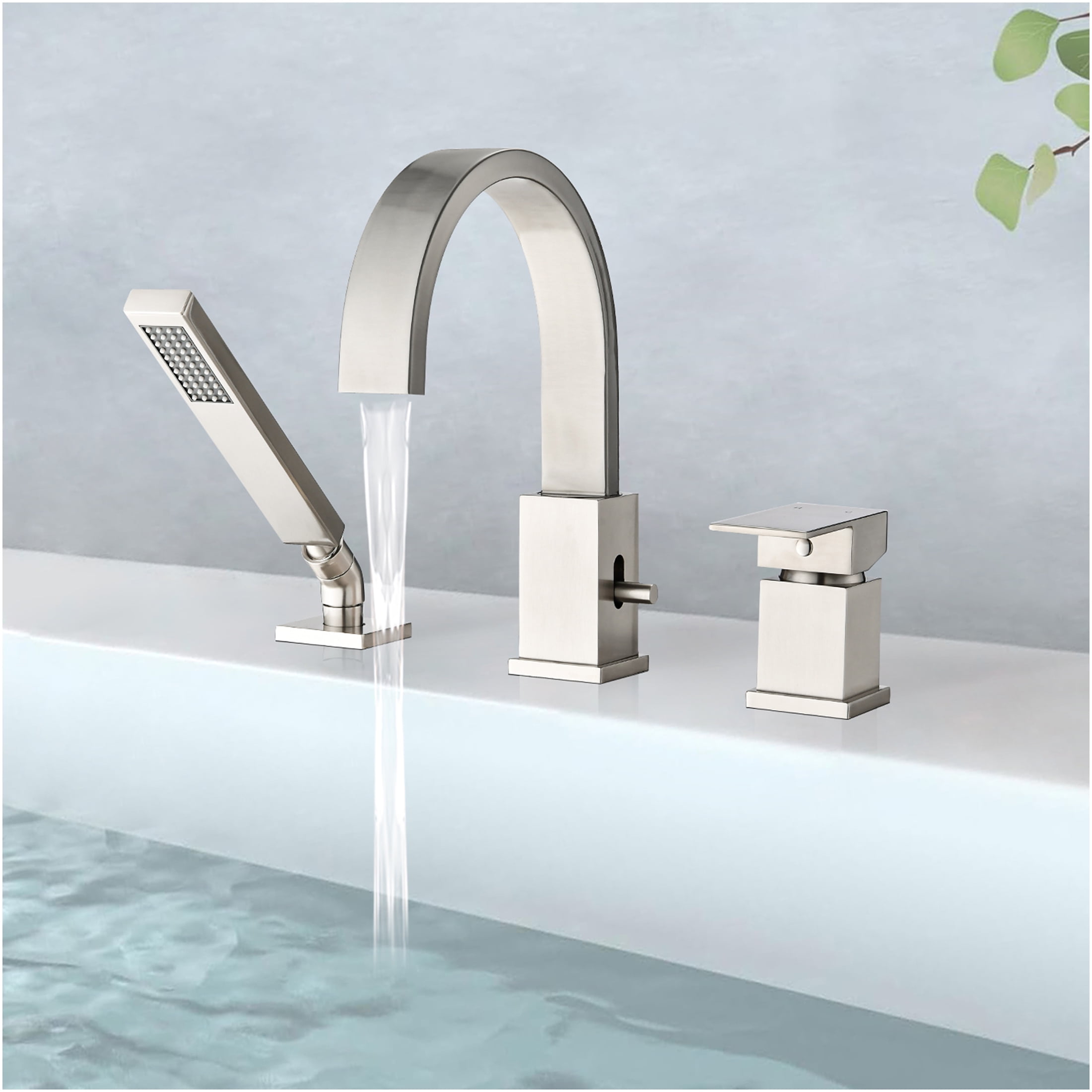 JERFIT 3-Hole Roman Tub Faucet with Hand Shower, Brushed Nickel Waterfall Bathtub Filler, Deck Mount Stainless Steel Spout Set