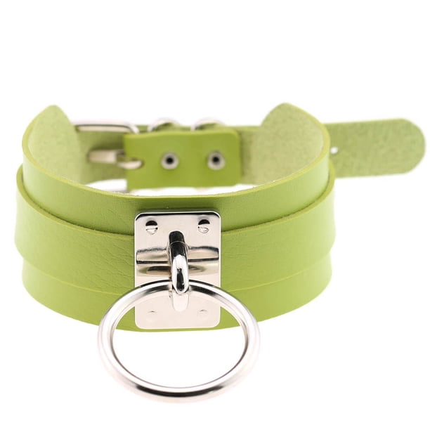 Minnieouse Moda Punk gótico ancho PU cuero O anillo Collar gargantilla collar mujer joyería Ropa, zapatos y accesorios Miscelánea anillo de plata y verde