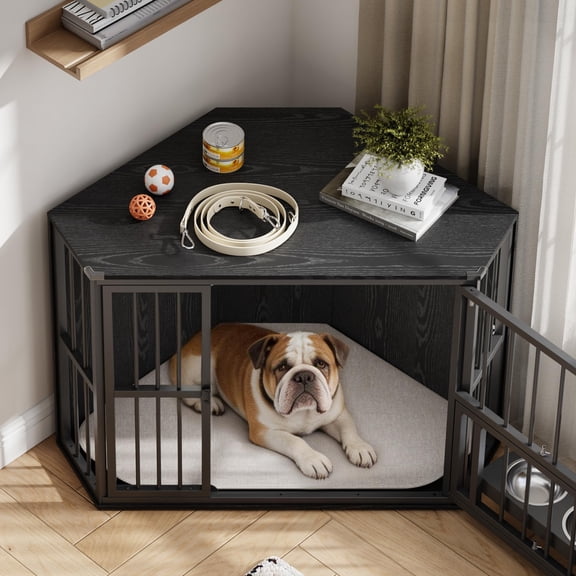 Black Corner Dog Crate Furniture for Small Dogs, Indoor Kennel End Table,Space-Saving Dog Kennel with Feeding Bowls, Wooden Decorative Pet Cage with Revolving Door