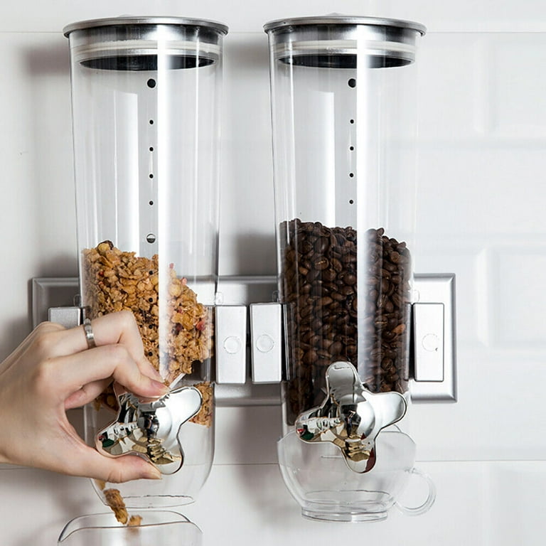 3L Wall Mount Double Cup Cereal Dispenser Coffee Bean Dry Food Storage Container Silver
