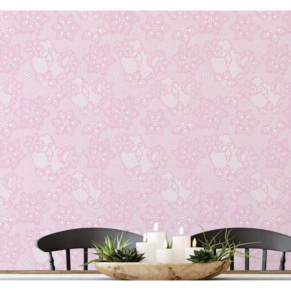 S4Sassy Cottage Lace Heart Floral Wallpaper Pink Walls Covering, 25" x 120" Self-Adhesive Vinyl Wall Paper, Easy DIY Wall Covering For Farmhouse Bedroom, Living Room, Cabinets, Living Spaces