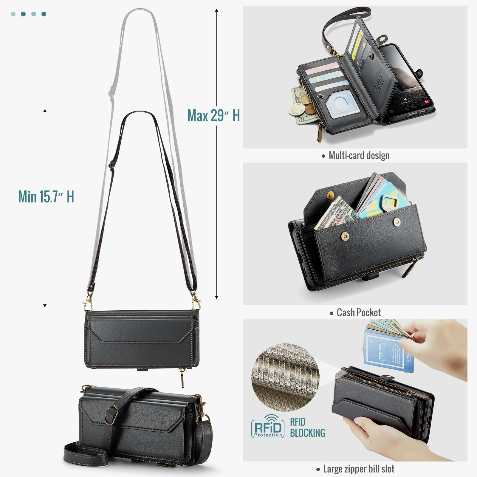 Asuwish Compatible with Samsung Galaxy A17 5G Zipper Wallet Phone Case Tempered Glass Screen Protector Crossbody Lanyard Strap Flip Card Holder Slot Cell Cover for A 17 17A G5 Women Girls Black
