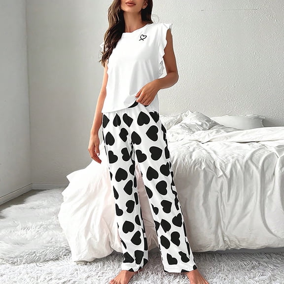 Sleepwear for Women Fashion Hearts Print Breathable Pajama Sets with Pants Casual Crew Neck Sleeveless Sleepwear Womens Summer Pajamas