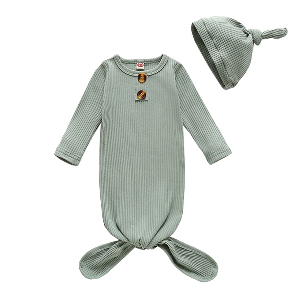 WIBACKER Unisex Newborn Baby Cotton Sleeper Gowns with Cap Long Knotted
