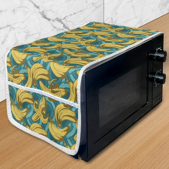 Banana Microwave Oven Cover, Exotic Fruit Arrangement on a Blue Toned Background Retro Style Hawaiian, Water Resistant Organizer with Pockets Kitchen, 36" x 12", Mustard Pale Blue Fawn, by Ambesonne