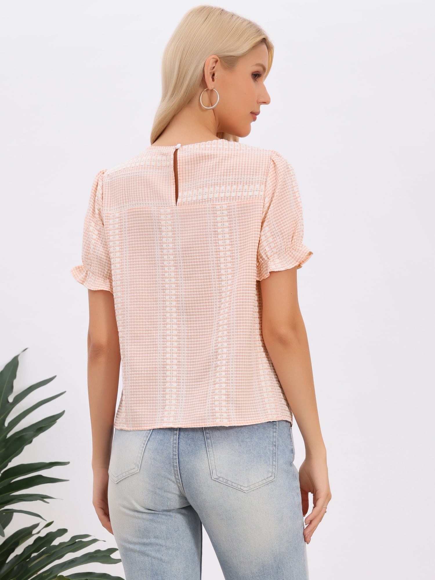 DARING DIVA Women's Peasant Plaid Smocked Ruffle Puff Sleeve Blouses M Pink