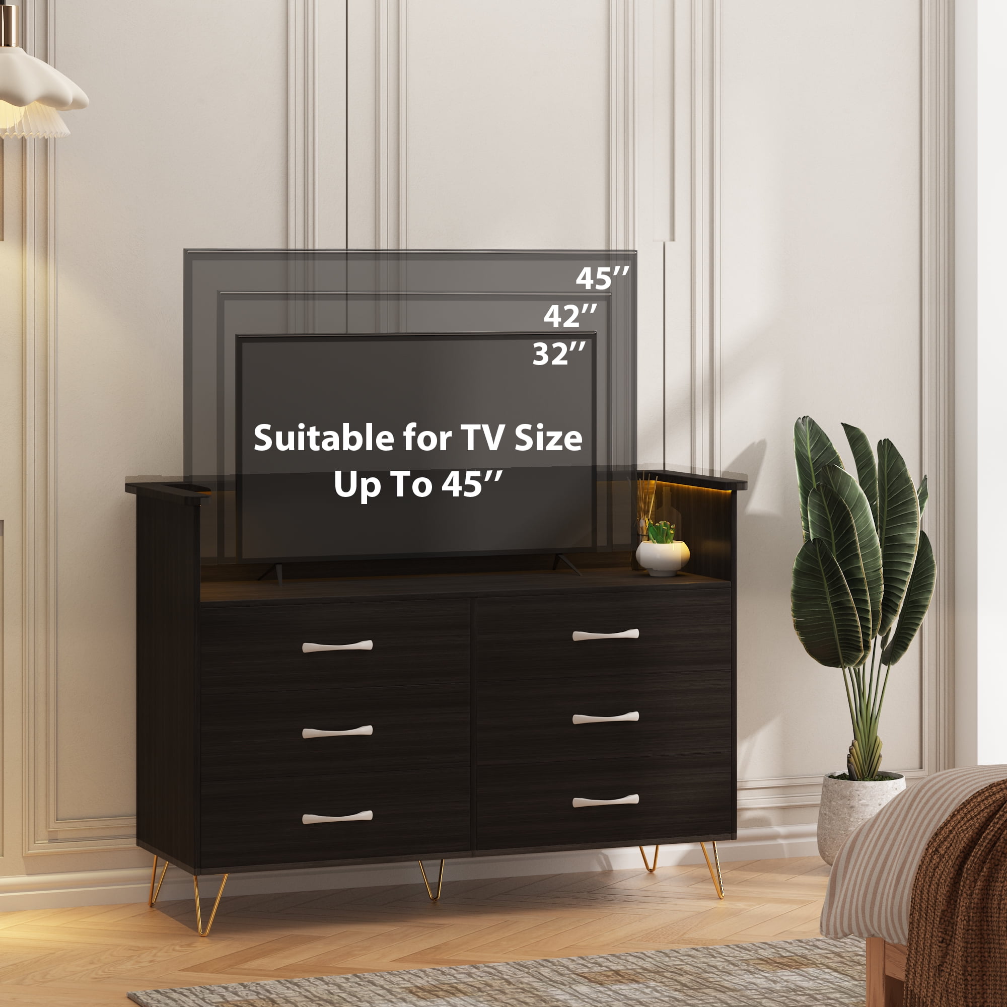 Homhougo Dresser for Bedroom 6 Drawer Black with LED Light & Charging Station, Wooden Dressers and Chests of Drawers with 2-Tier Open Shelves, Wide Dresser Organizer for Living Room Hallway Entryway