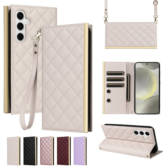 Allytechgroup Wallet Case for Samsung Galaxy S25 6.2" 2025, with Crossbody Shoulder Strap & Hand Wrist Cards Holder Cash Pocket Flip Cover Stand Protective Phone Case for Galaxy S25, White