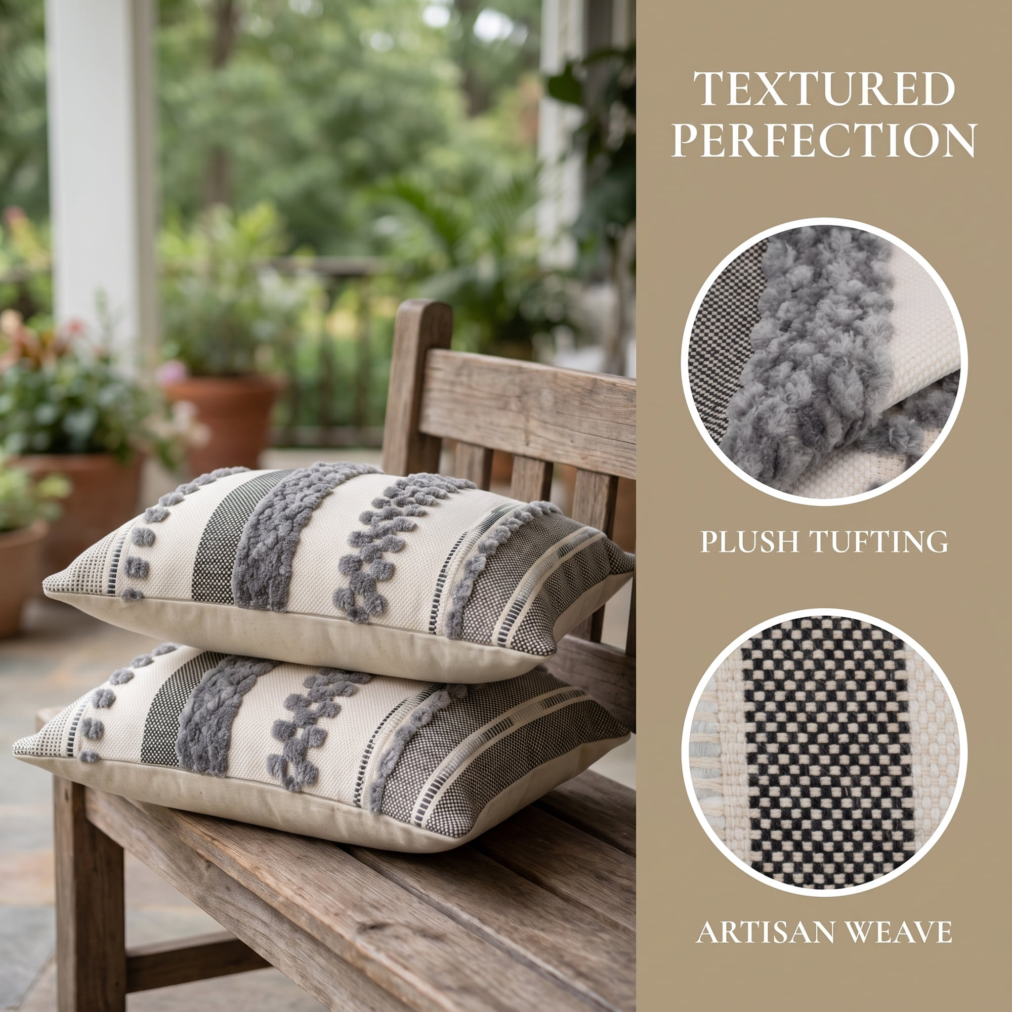 Unique Bargains 3D Chenille Tufted Throw Pillow Cover Grid Stripe Case Light Grey 18"x18"