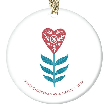 Sister Ornament 2019 Big Little Keepsake Gift First Christmas Family New Baby Siblings Adoption Present Best Friends Forever Heart Xmas Tree Decoration Ceramic 3” Flat Circle Gold Ribbon (Best Flats Boats 2019)
