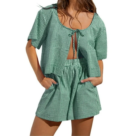 DondPO Womens Pajama Sets Women Tie Front 2 Shorts Set Plaid Puff Sleeve Peplum Shirt Ruffle Hem Pajama Set Striped Outfit Silk Pajamas For Women Womens Loungewear Set Green XL Clearance