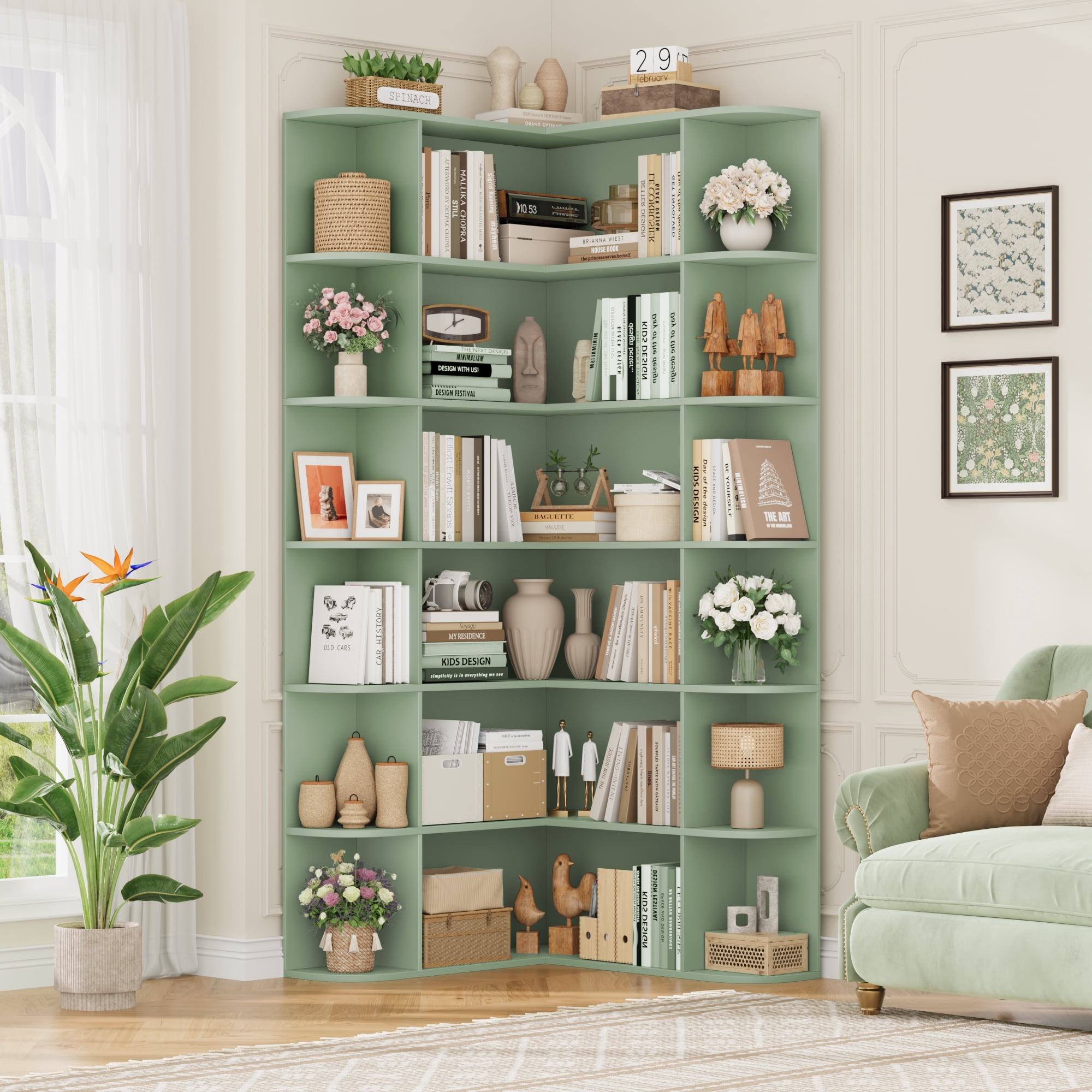 Homfa 73.9” Tall Corner Bookcase, 6 Tier L-Shaped Large Display Bookshelf with Curved Edges for Living Room Home Office Study, Green