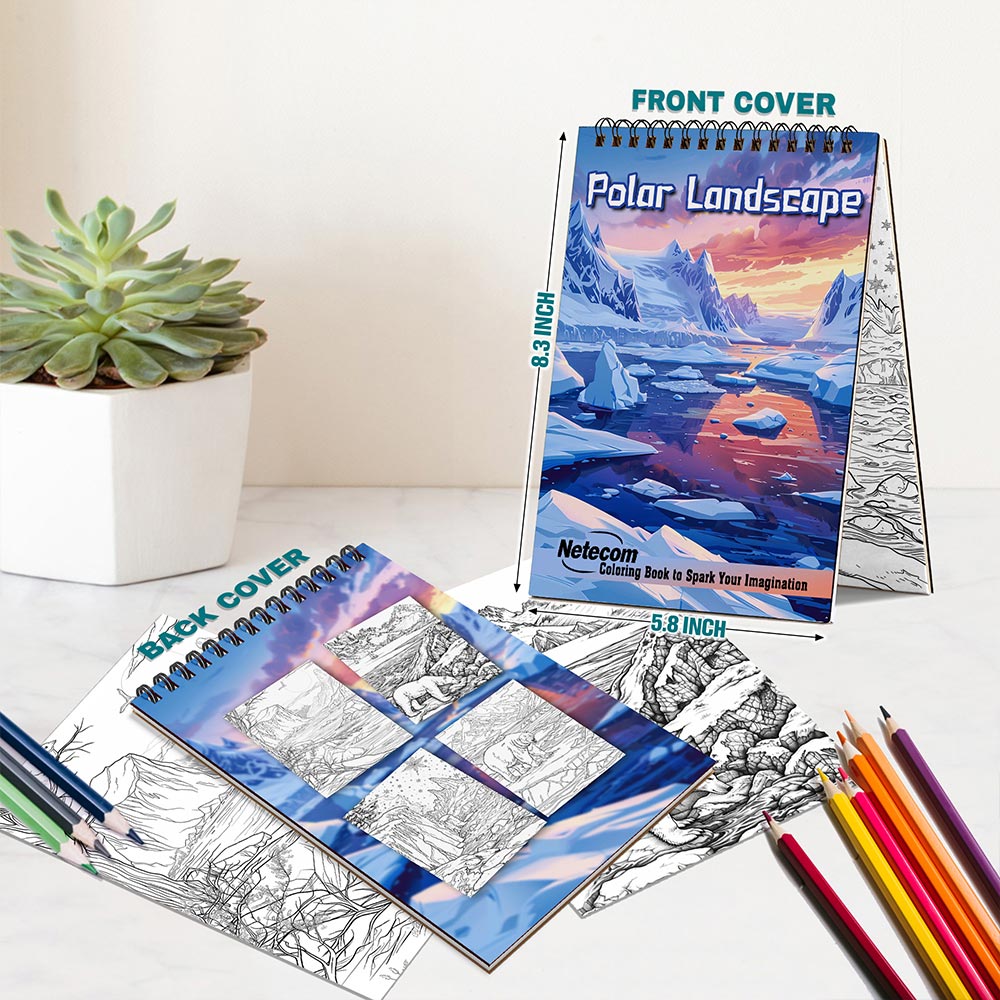 Netecom Polar Landscape Coloring Book for Adults, A5 Wooden Cover, 30 Serene Coloring Pages of Arctic Scenes for Stress Relief and Relaxation, Spiral Bound Edition